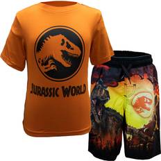 Solid Colors UV Clothes Children's Clothing Universal Studios Jurassic World Logo Rashguard and Swimshort Set Fashionable Swimwear for Boys Orange Sizes 4-7