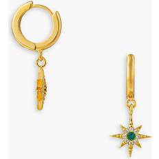 Emerald Pave Starburst Huggie Hoop Earrings, Gold/Green