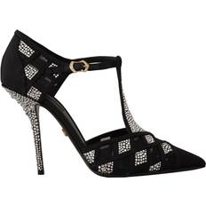 Dolce & Gabbana Black Crystals T-strap Heels Pumps Shoes