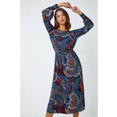 Paisley Ropa Roman Paisley Print Shirred Midi Stretch Dress Blue