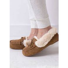 Totes Genuine Suede Moccasin with Faux Fur Lining Slippers, Tan