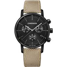 Wenger Herrarmbandsur i rostfritt Urban Classic kronograf, 44 mm, Swiss Made, analog kvarts, vattentätt upp till 100 m, safirglas, Svart/sand, Armband