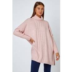 Pink - Roll Neck Jumpers Roman Cable Knit Roll Neck Poncho Jumper Pink