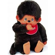 Monchhichi Tøjdyr Monchhichi Sekiguchi 255610 Original Junge, Plüschtier mit rotem Lätzchen und Zöpfen mit Schleifen, ca. 80 cm großes Kuscheltier aus braunem Plüsch