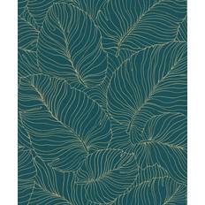 Grandeco Isa Banana Leaf Wallpaper Teal Gold A50902