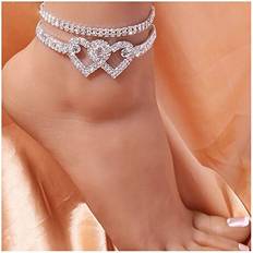 Women Anklets 2Pcs Rhinestone Heart Ankelet Bracelets Crystal Lariat Love heart Foot Chain Bling Beach Barefoot Sandal Jewelry for Women Girls Teens