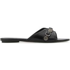 Balenciaga Women Outdoor Slippers Balenciaga Black Leather Slippers Black