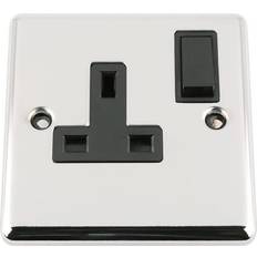 AET A5 Socket 1 Gang Polished Chrome Classic Black Insert Plastic Switch 13A Single Wall Plug Socket