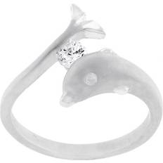 Silvertone Matte Finish Cubic Zirconia Dolphin Ring