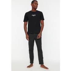 Color sólido - Negro Pijamas Trendyol Collection Man Motto Thin Knitted T-shirt-Trousers Pajama Set Black