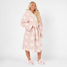 OHS Heart Dressing Gown Soft Teddy Marl Fleece Hooded Robe