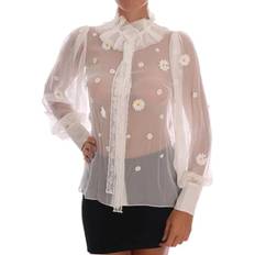 Silke Skjorter Dolce & Gabbana White Daisy Applique Silk Shirt IT38