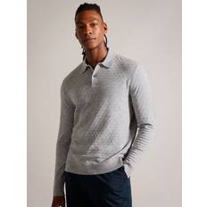 Acrylic Polo Shirts Ted Baker Mens Grey-marl Morar Long-sleeve Regular-fit Stretch-knit Polo