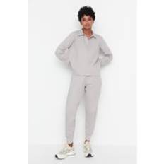 Gris - Mujer Monos Trendyol Collection Gray Regular/Normal Fit Polo Collar, Thin, Knitted Tracksuit Set TWOAW23EM00032. Grey