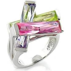 Alamode Jewelry 6X004-5 Rhodium Brass Ring with AAA Grade CZ, Multi Color