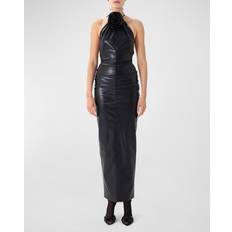 Cuir Robes Danz Vegan Leather Rosette Long Halter Dress BLACK