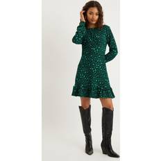 Dorothy Perkins Womens Petite Green Leopard Frill Hem Mini Dress