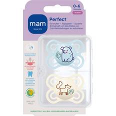 Mam Attaches-sucettes Mam Perfect Lot de 2 tétines, pour un développement sain des dents et de la mâchoire, en matériaux durables et biologiques renouvelables, avec boîte à tétine, pour bébé de 0 à 6 mois, ours/renard