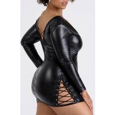 Clothing LoveHoney Lovehoney Plus Fierce Leather Look Lace-Up Black Long Sleeve Dress