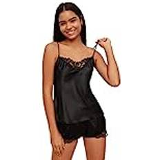 Satin Schlafanzüge Trendyol Collection Collection Pyjama Set Schwarz Unifarben für Damen