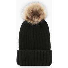 Boohoo Headgear boohoo Rib Knit Beanie With Faux Fur Pom Black One