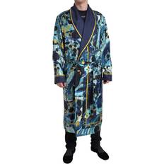 Seta Accappatoi Dolce & Gabbana Dolce & Gabbana Marble Blue Silk Waist Belt Robe Sleepwear IT50