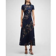 Long Dresses - Polyamide Oscar de la Renta Diagonal Botanical Guipure Inset Cap-Sleeve Open-Back Maxi Dress NAVY