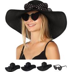 Funcredible Wide Brim Sun Hats for Women Floppy Straw Hat with Heart Shape Glasses Foldable Summer Hat Big Roll Up Beach Cap UPF Black