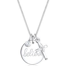 Elli dam halskedja platta berlock tro text kors tro med zirkon kristaller 925 sterlingsilver