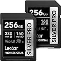 LEXAR Pro SDXC UHS-II Speicherkarte, 256 GB, C10, U3, V60, Full-HD & 4K Video, bis zu 280 MB/s lesen, für professionelle Fotografen, Videofilmer, Enthusiasten LSDSIPR256G-B2NNU Silber, 2 Stück