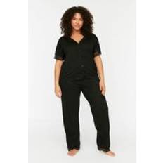 5XL Pigiama Trendyol Collection Polka DOT Knit Shirt-Trousers Plus Size Pajamas Set - Black