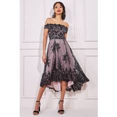 Clothing Goddiva Bardot Sequin & Lace High Low Midi Black