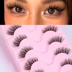 Shein Half Eey Lashes 5 Pairs Faux Mink Lashes Natural Cat Eye Lashes Fluffy Wispy Transparent Stems Reusable False Eyelashes Natural Fluffy Makeup Tools