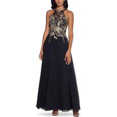 Clothing Betsy & Adam Long Embroidered Halter Chiffon Gown Black/Gold