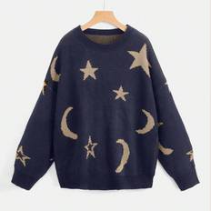 Clothing Shein Women'S Drop Shoulder Knitted Sweater With Moon And Star Pattern