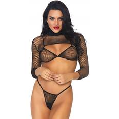 Leg Avenue Pc. Industrial Net Bikini Top Thong and Sleeved Crop Top One Black