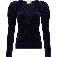 Samt Blusen Ganni Long Sleeve Blue Velvet Jersey V-neck Blouse in Navy Recycled Polyester/Spandex Women's Navy