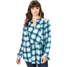 Turquoise - Women Shirts Roaman's Plus Lace-Back Plaid Big Shirt by in Deep Teal Fine Plaid Size W