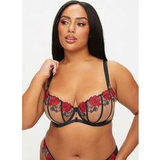 S Bras Ann Summers Caged Rose Non Padded Fuller Bust Balcony Bra Embroidered, 36FF, Black Red