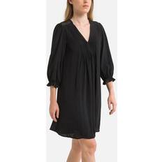 Herren - Schwarz Kleider Pleated Mini Dress with V-Neck and 3/4 Length Sleeves Black