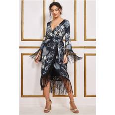 Clothing Goddiva Foil Print Wrap Midi With Tassels Black