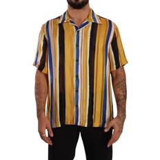 Men - One Size Shirts Dolce & Gabbana Yellow Striped Short Sleeve Silk Shirt IT40