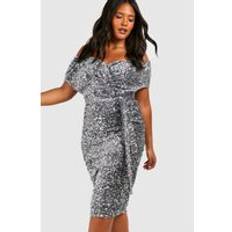 Silver Dresses boohoo Plus Sequin Off The Shoulder Wrap Midi Dress Silver