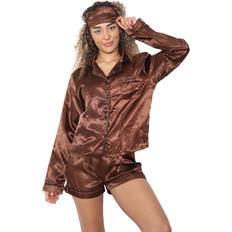 Brown - Women Sleepwear True Face Pyjama Set With Eye Mask