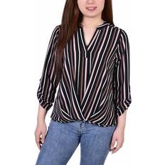 Stripes - Women Blouses NY Collection Petite 3/4 Sleeve Mandarin Collar Blouse BLK MAUVE Petite