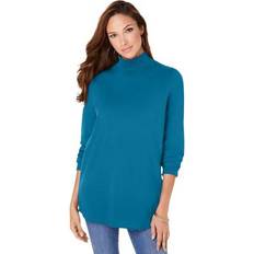 Turquoise - Women Sweaters Roaman's Plus Long-Sleeve Mockneck Ultimate Tee by in Peacock Teal Size 3X Mock Turtleneck Shirt