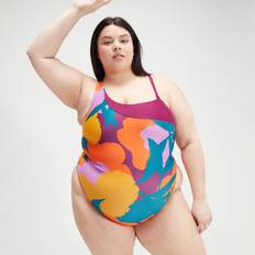 Dame - Turkise Badedrakter Speedo Damen Übergröße Asymmetrischer Badeanzug mit Print Blaugrün/Lila/Mango