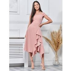 Clothing Jolie Moi Skylar Off Shoulder Ruffle Hem Dress Dusty Pink