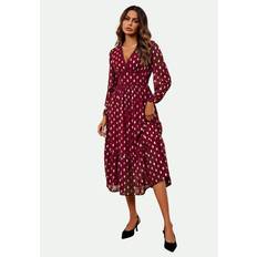 Gold - Long Dresses FS Collection Gold Foil Lace Trim Long Sleeve Midi Dress Wine