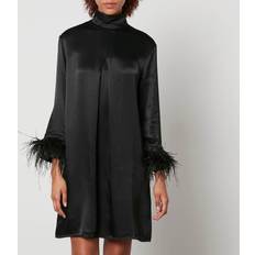 Sleeper Party Shirt Feather-Trimmed Satin Dress Black